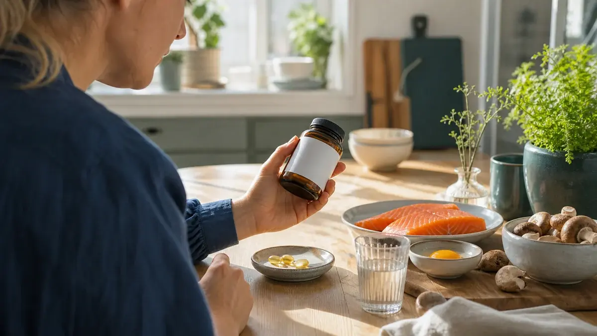 Person sammenligner D-vitamintilskud med laks, æg og svampe på bordet