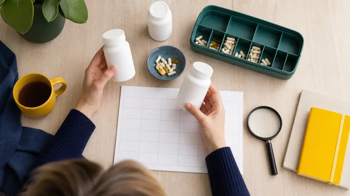 Person sammenligner flere vitaminbeholdere med doseringsæske og lup